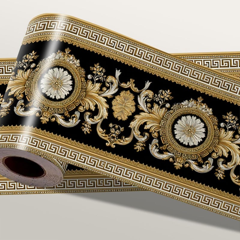 IOHEFY Black Gold Wallpaper Border 196x4 Inch Peel and Stick Wall Border Self Adhesive Luxury Baroque Design Removable Vinyl Trim for Living Room Bedroom Bathroom Kitchen Cabinet Decoration - Image 1